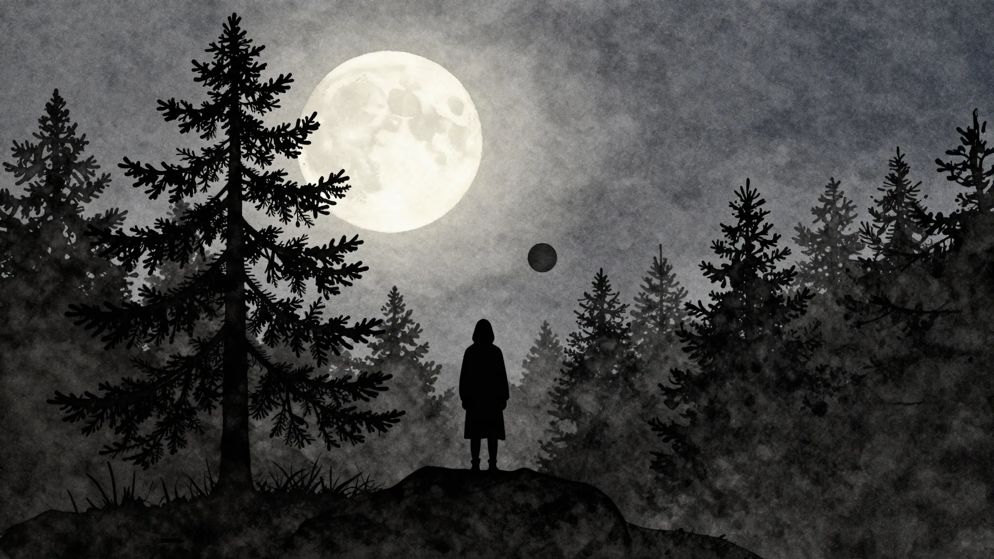 Watercolor style. A dark forest silhouette with a tall fir t...