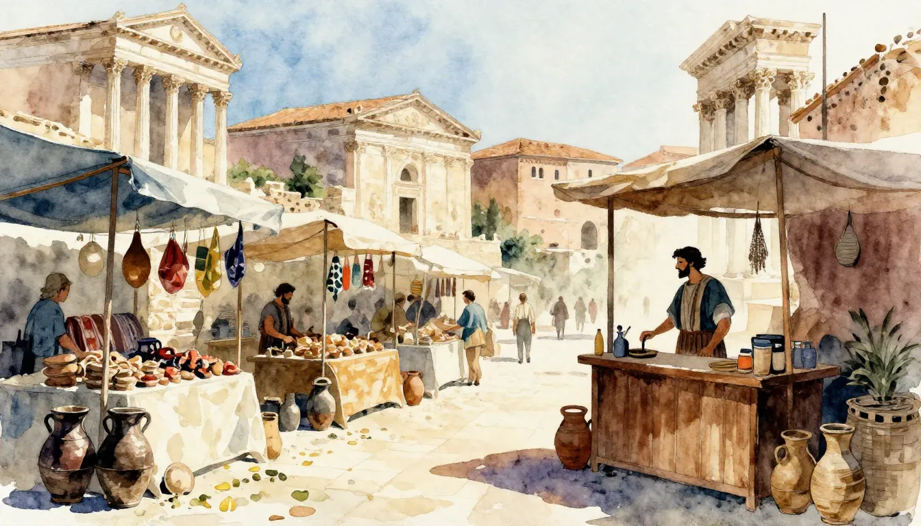Watercolor style. Ancient Roman marketplace with stalls, amp...