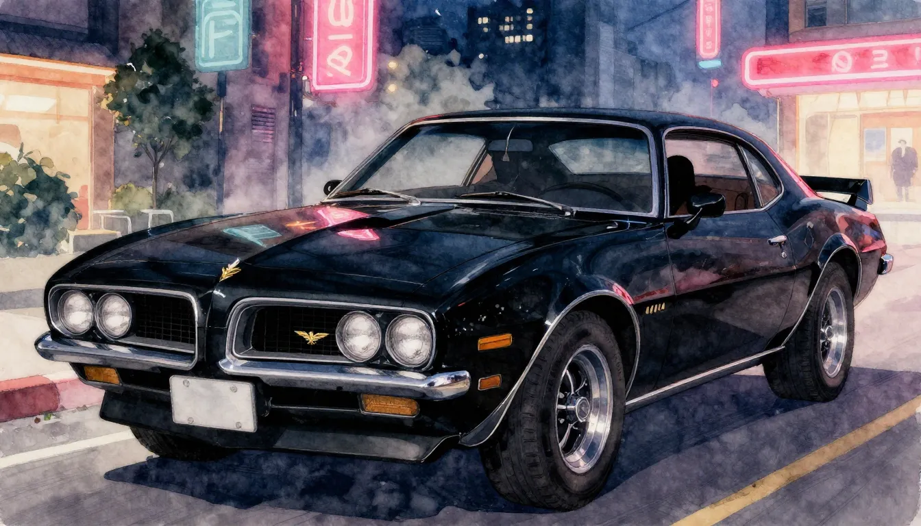 Watercolor style. A sleek black vintage Pontiac Firebird wit...