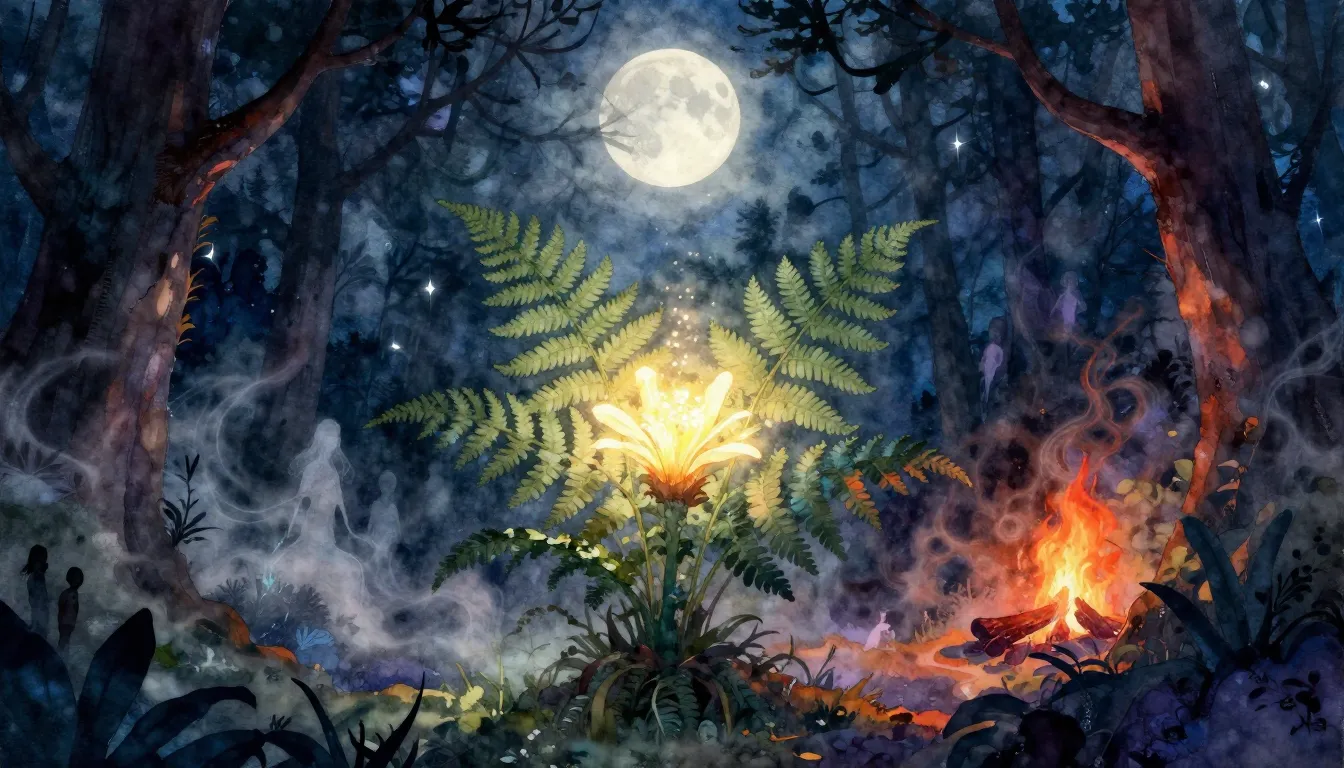 Vibrant watercolor style. Folk album cover: mystical glowing...