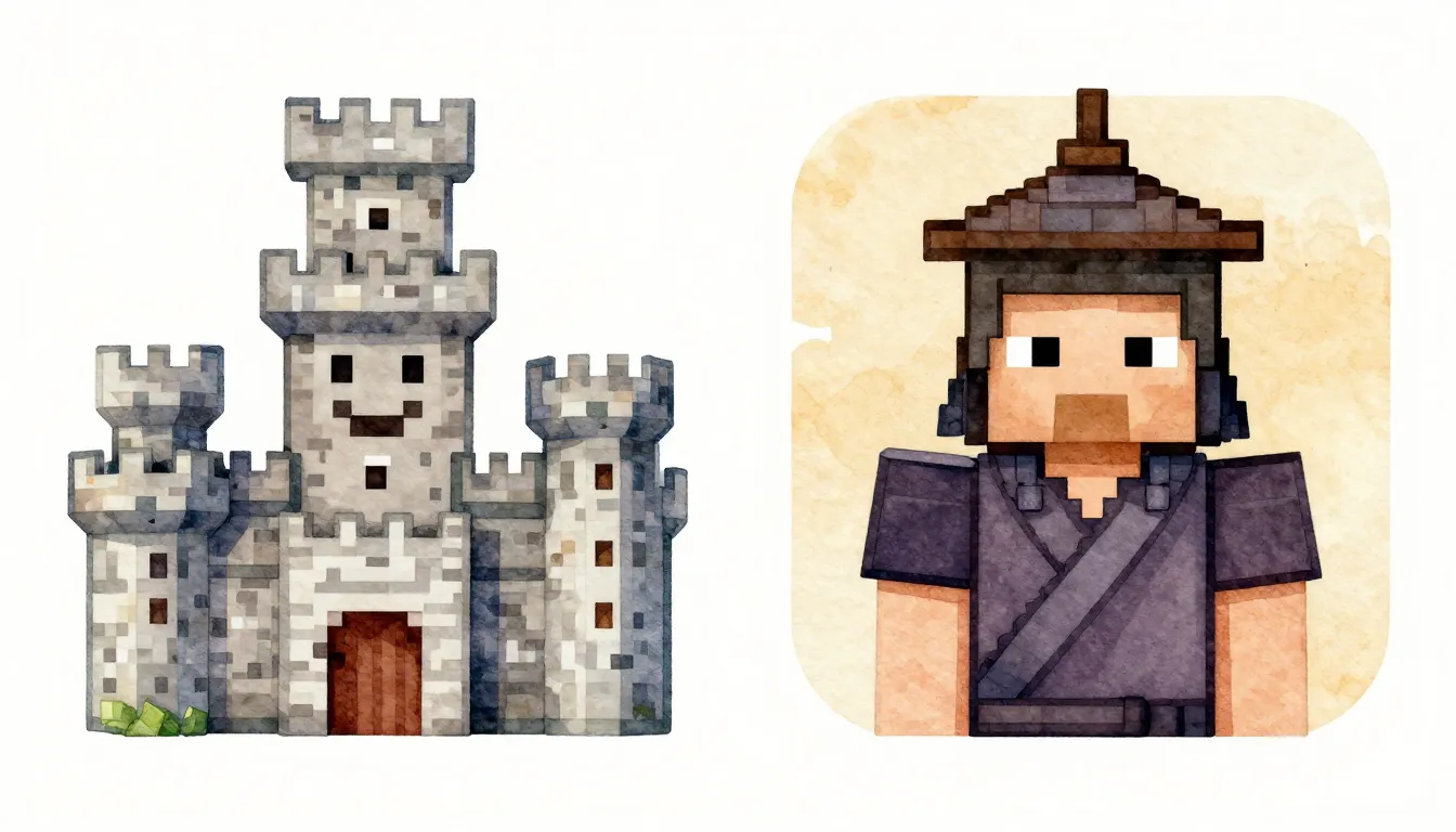 Watercolor style. Stylized Minecraft icon, symmetrical split...