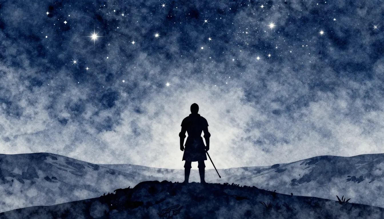 Watercolor style. A silhouette of a noble knight standing on...