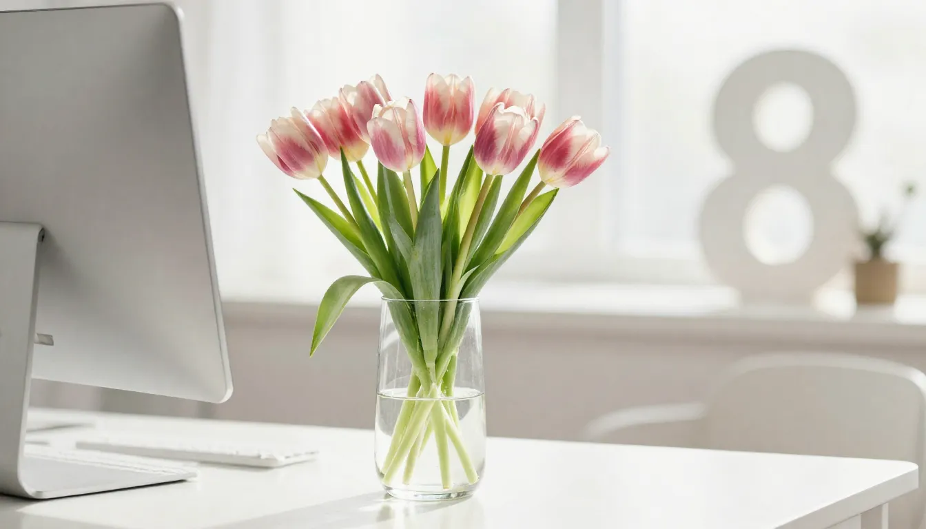 Watercolor style. Elegant glass vase with spring tulips on a...
