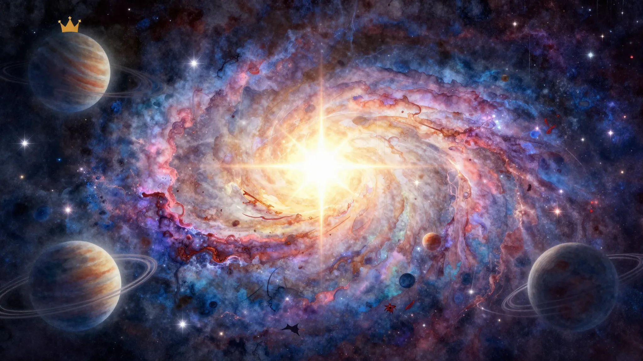 Watercolor style. A glowing galaxy with a bright star in the...