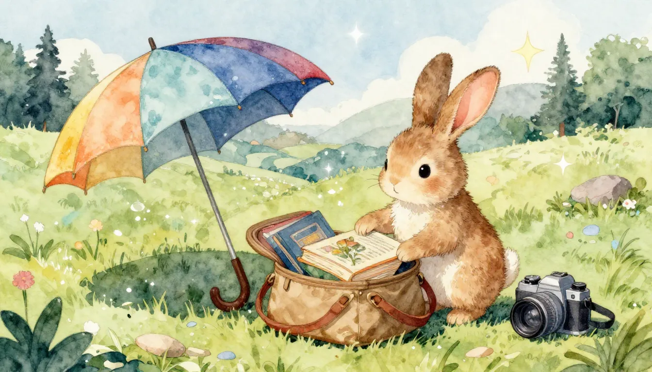 Watercolor style. Whimsical illustration of a rabbit packing...