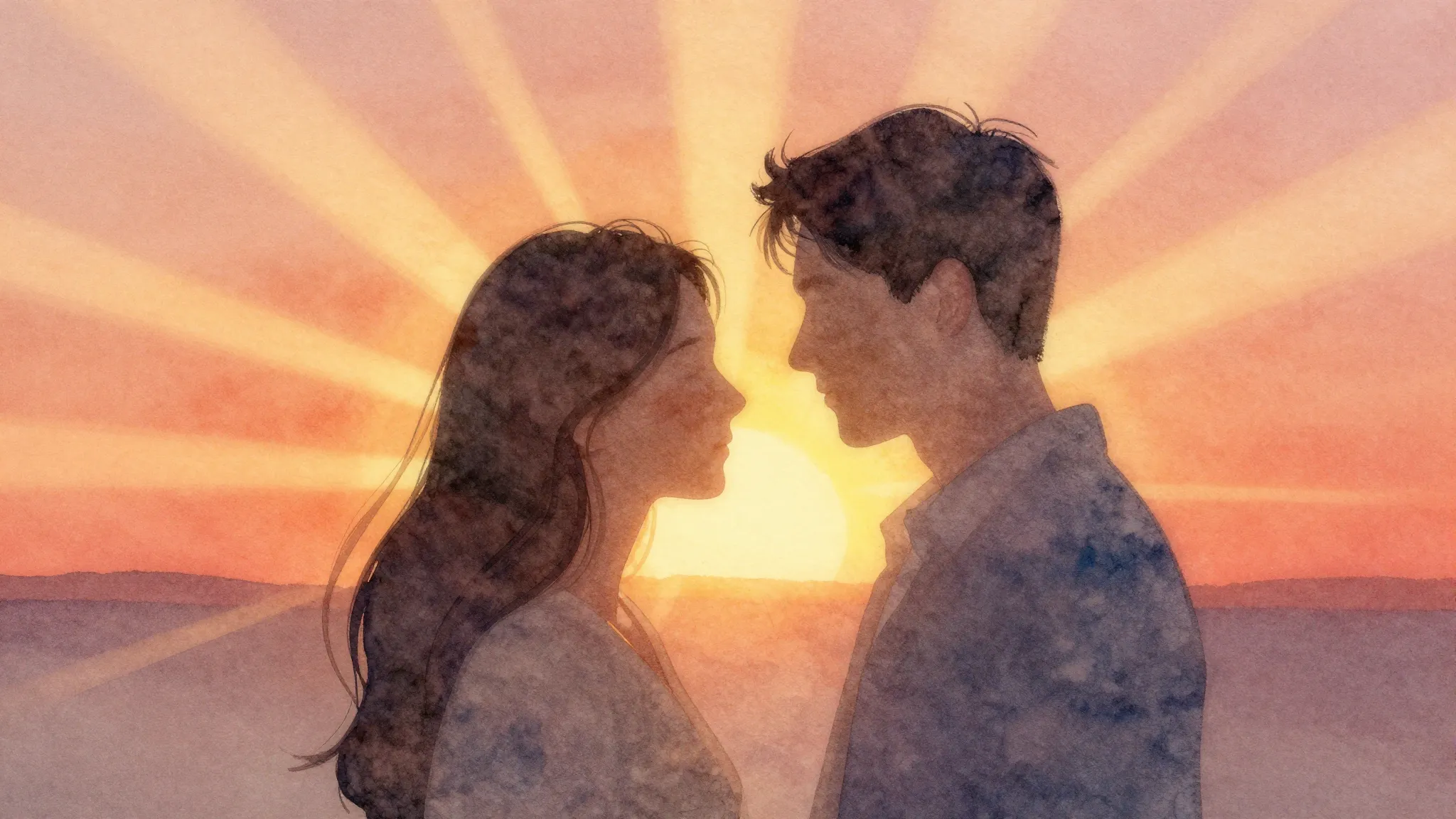Watercolor style. Two abstract silhouettes of lovers merging...