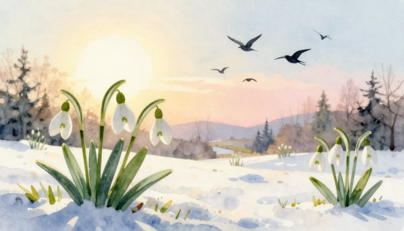 Watercolor style. A gentle spring landscape, snowdrops break...