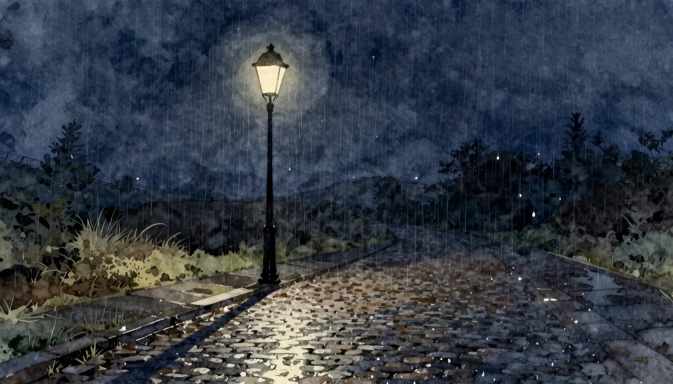 Watercolor style. A silhouette of a lonely street lamp casti...