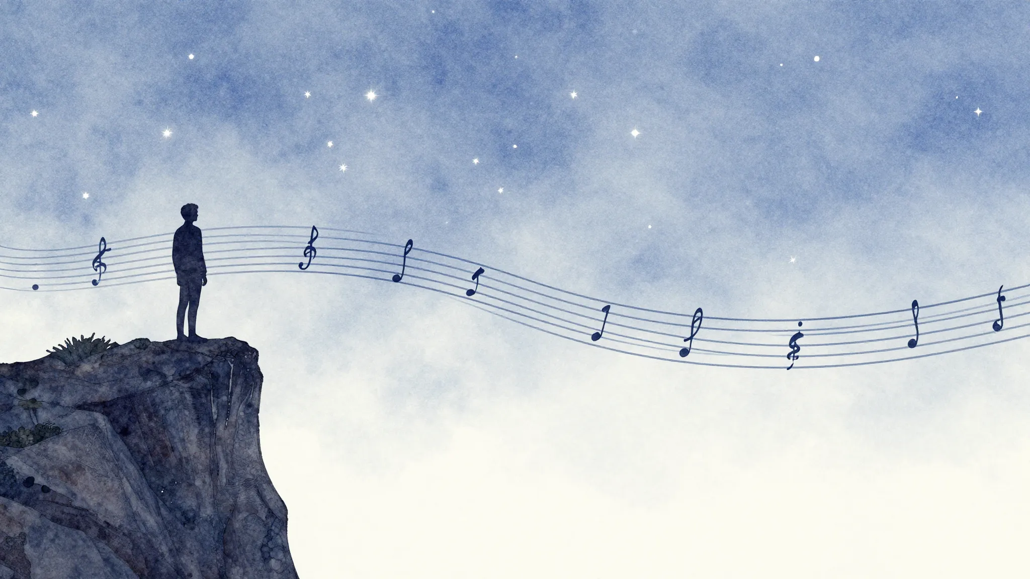 Watercolor style. Silhouette of a person on a cliff, 555 sta...