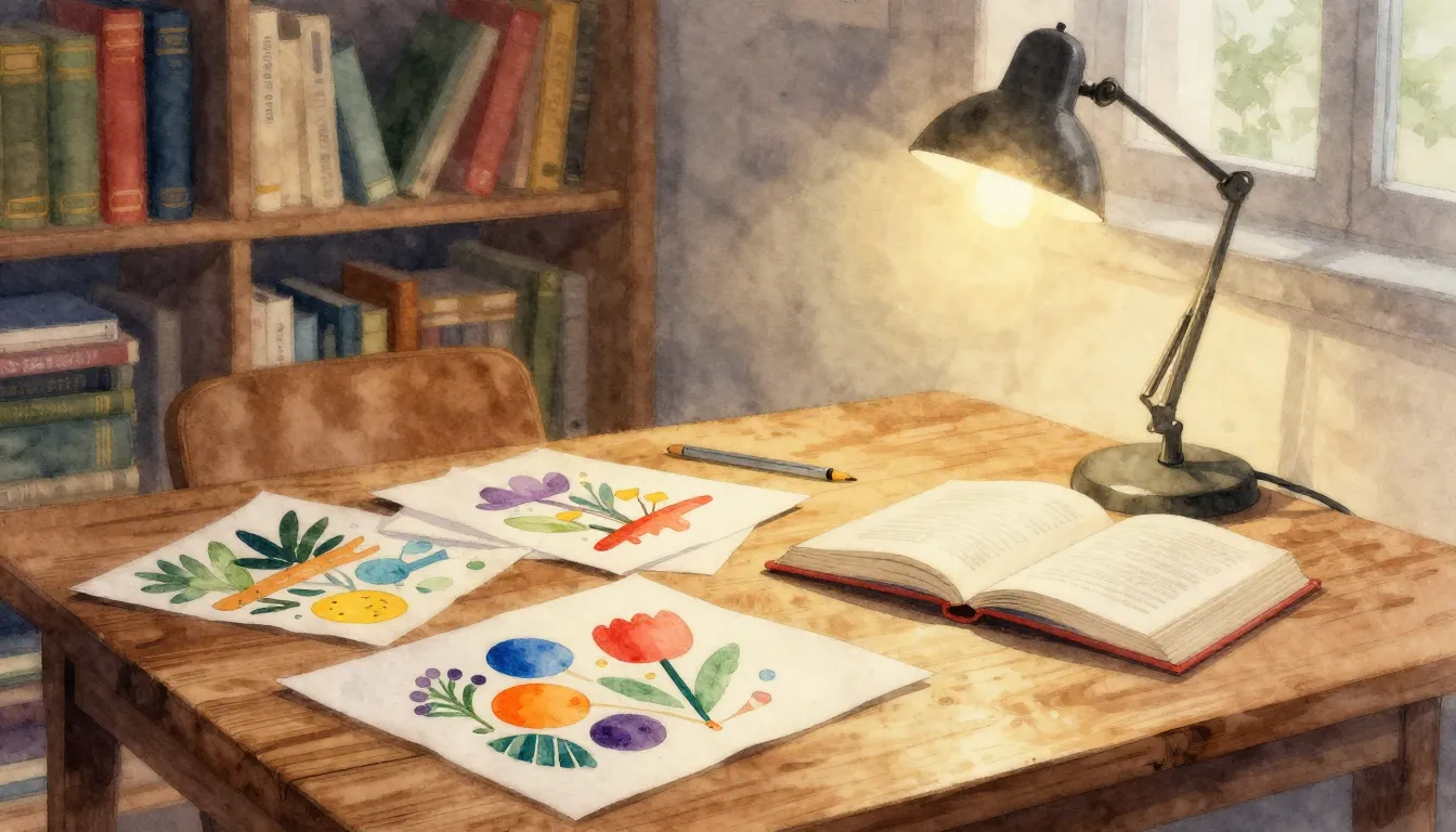 Watercolor style. Cozy library interior, wooden table with c...