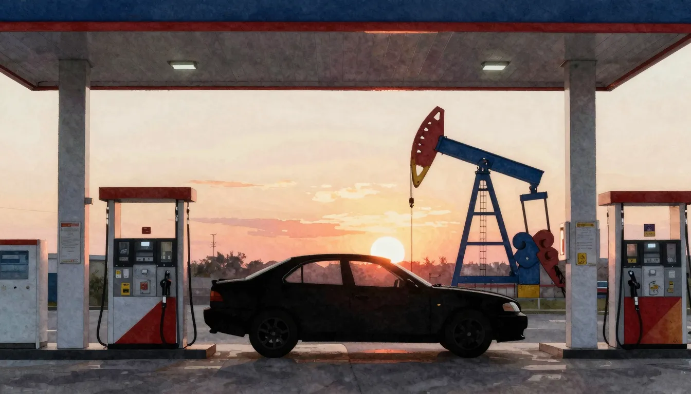 Watercolor style. Silhouette of a car at a gas station pump,...
