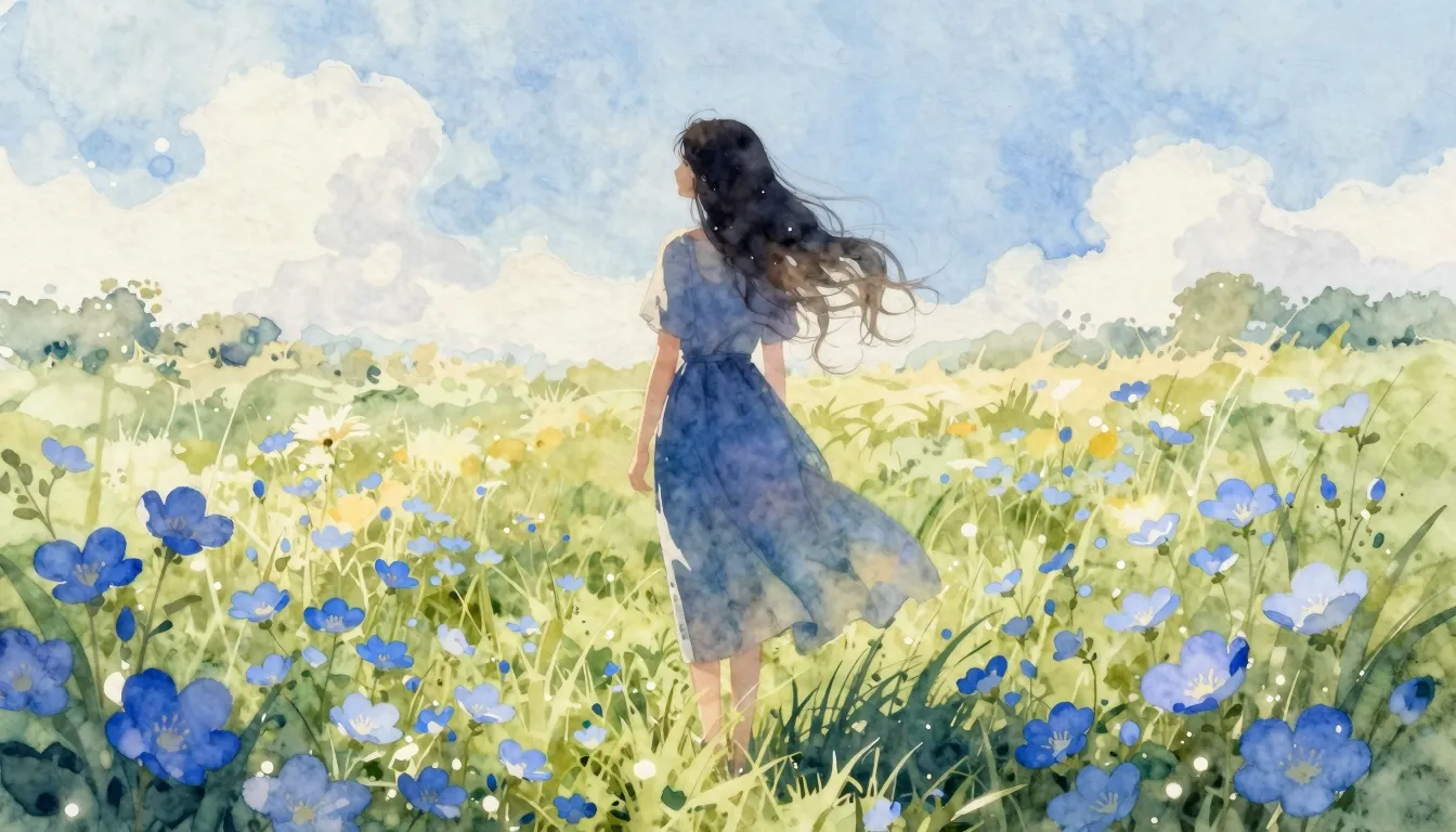 Watercolor style. A silhouette of a woman with long flowing ...