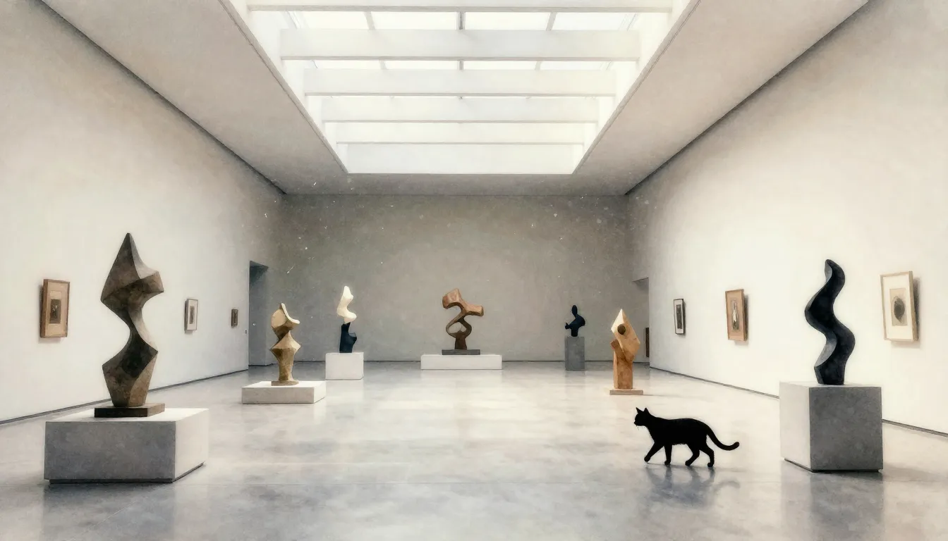 Watercolor style. Empty museum hall with high ceilings, soft...