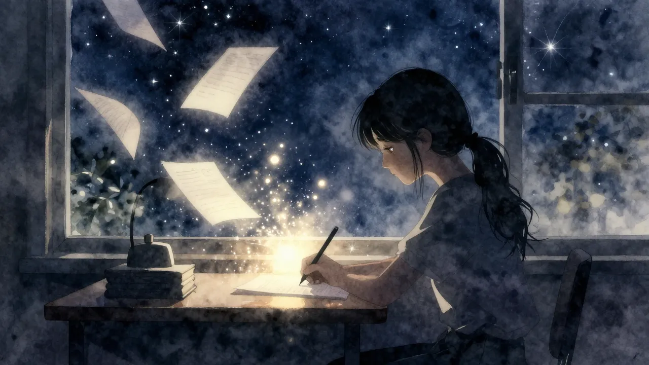 Watercolor style. Silhouette of a girl writing at a desk, gl...