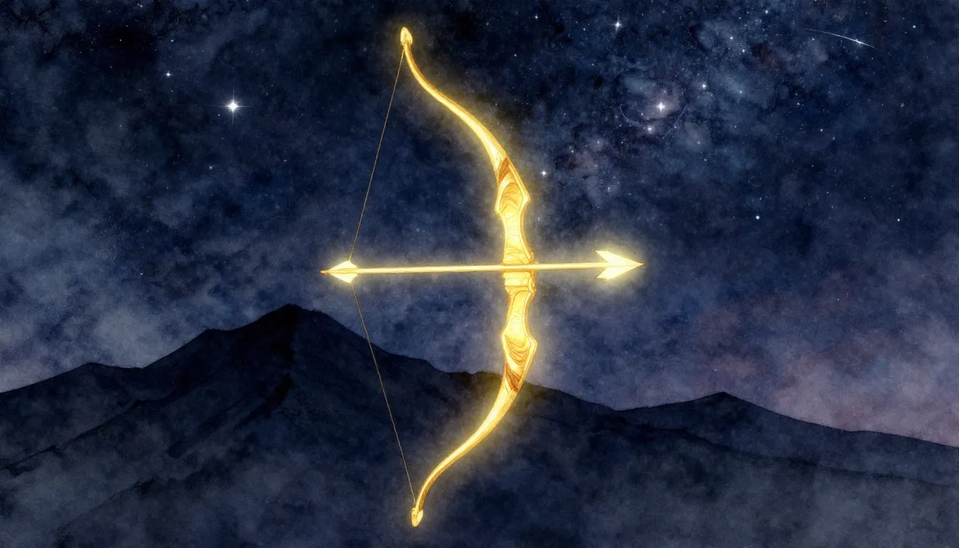 Watercolor style. A glowing golden bow and arrow aimed at a ...