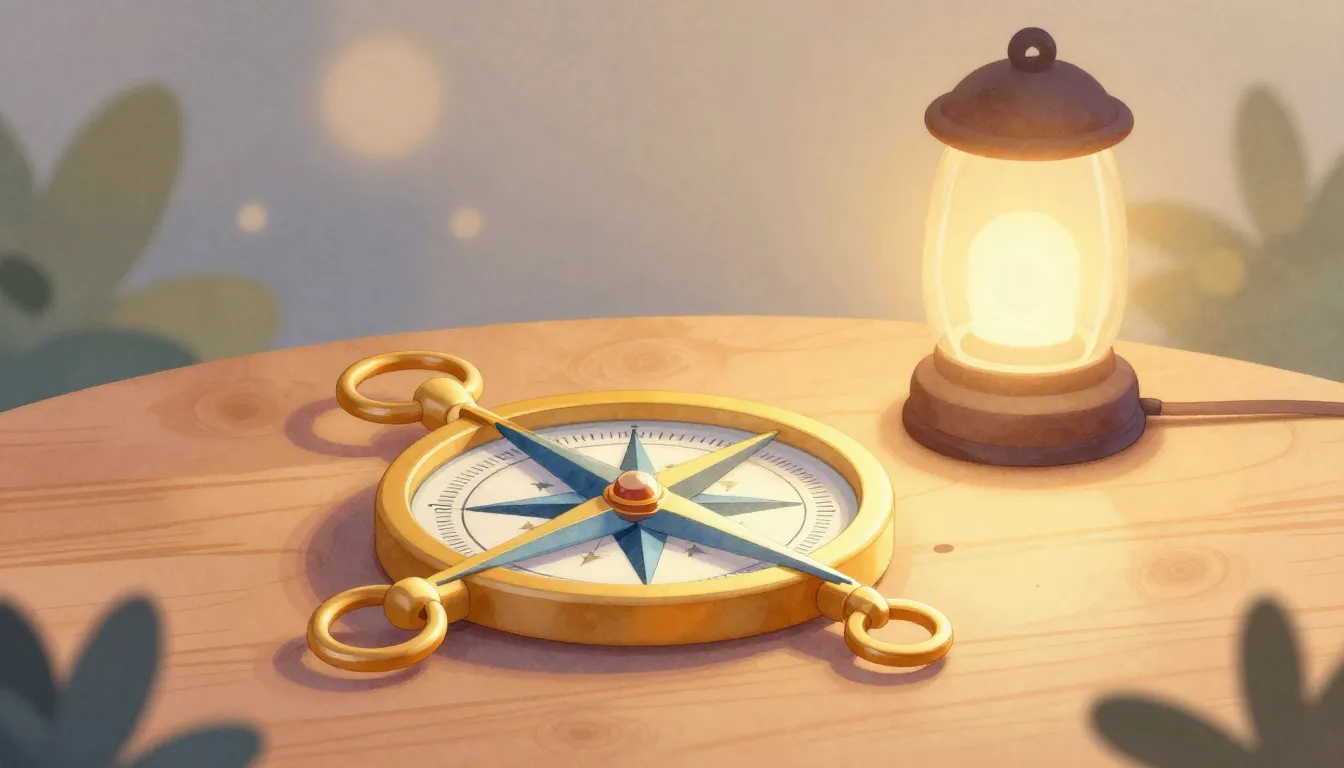 Watercolor style. A stylized golden compass lying on a woode...