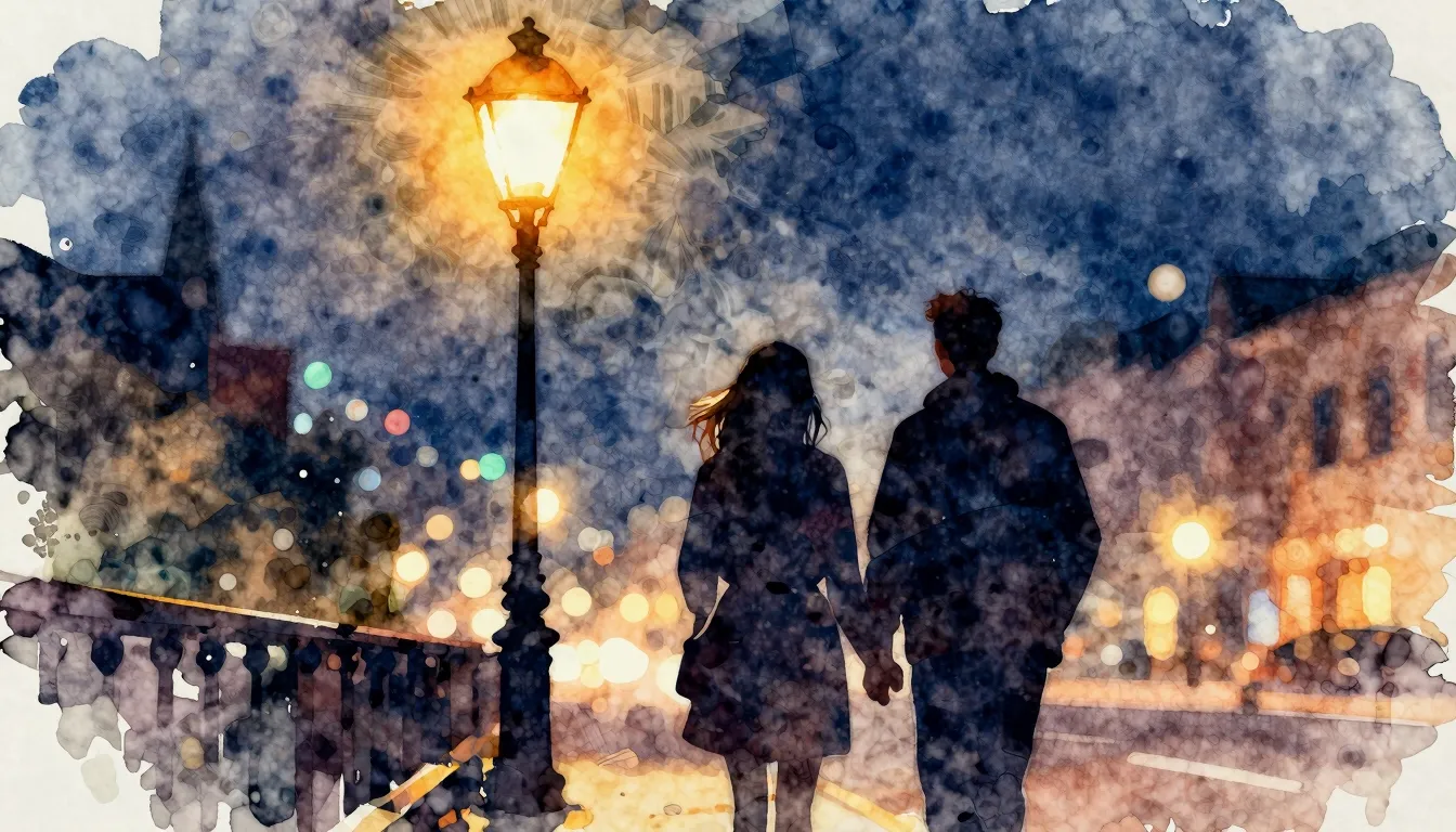 Vibrant watercolor style. A couple's silhouettes under a str...