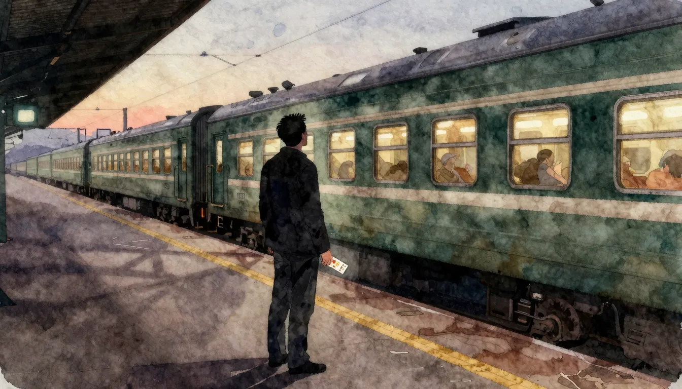 Watercolor style. A lone silhouette of a man stands on a tra...
