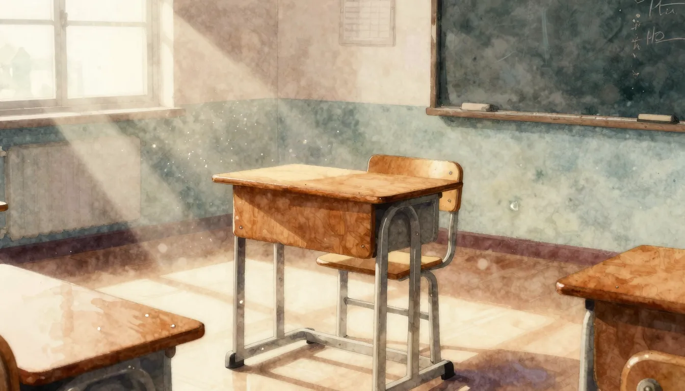Watercolor style. A silhouette of a lonely wooden school des...