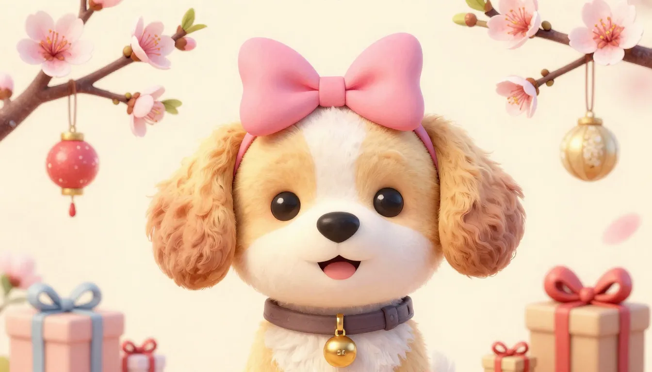 Watercolor style. A cute dog with a stylish pink bow on its ...