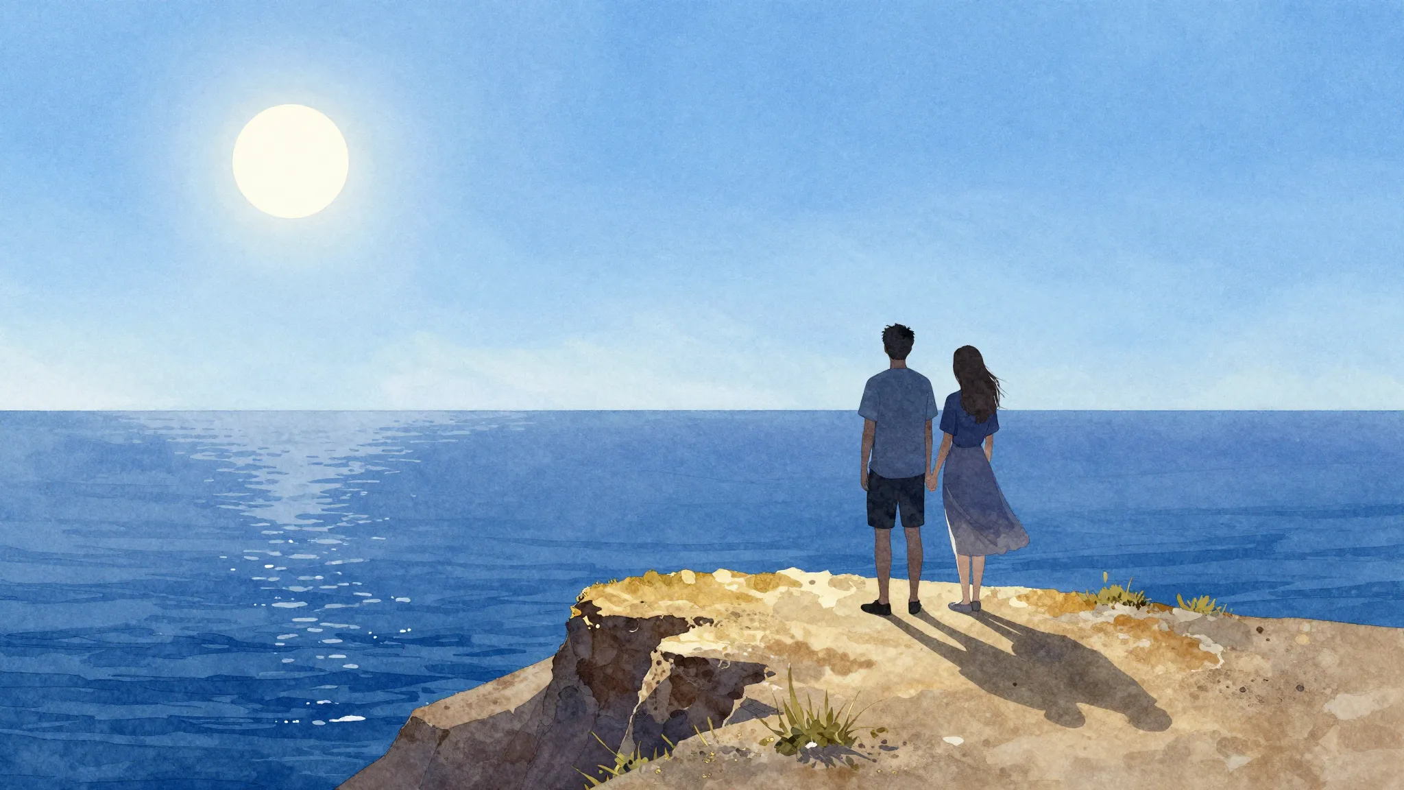 Watercolor style. A silhouette of a couple standing on a cli...
