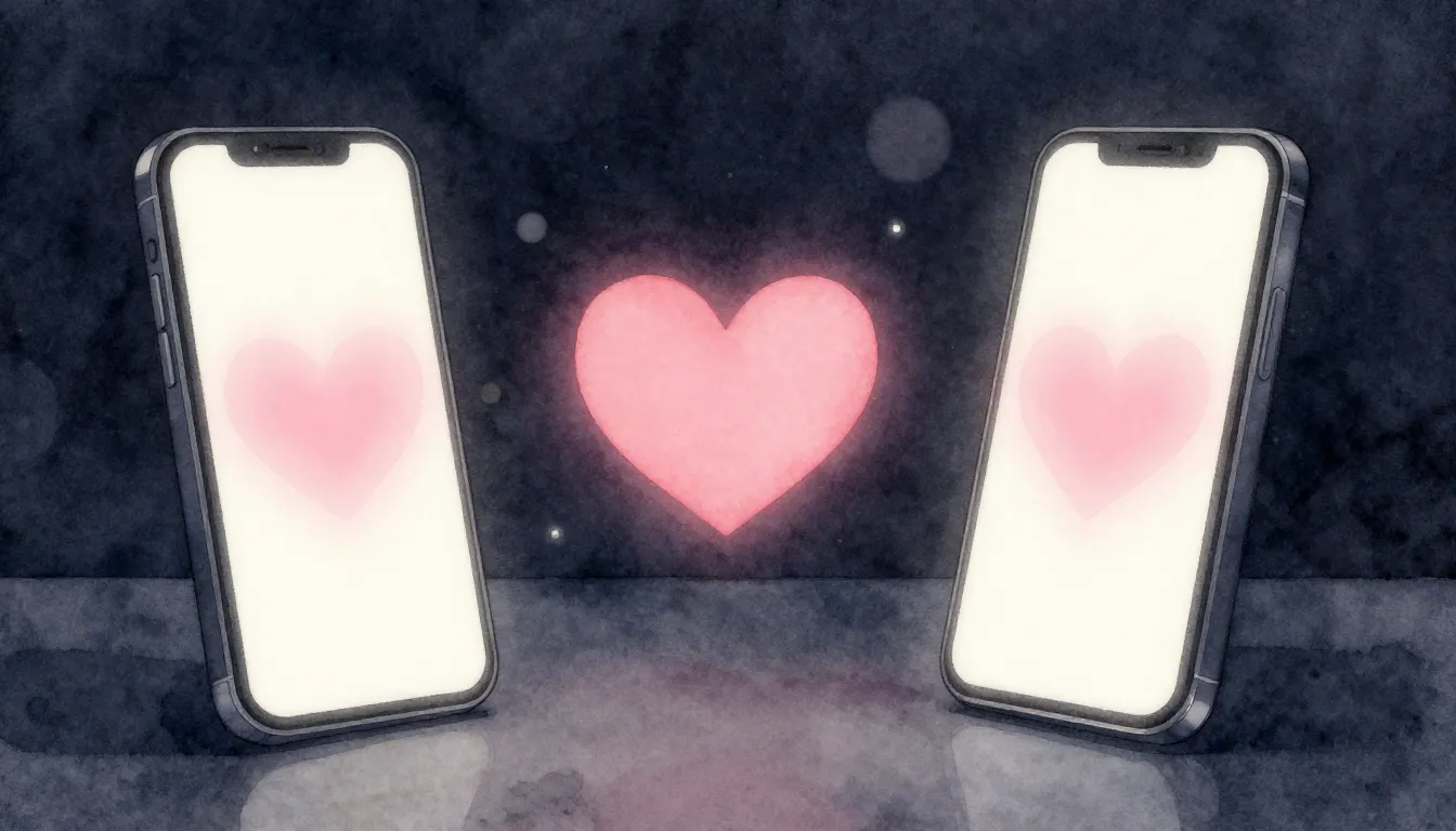 Watercolor style. Two glowing smartphone screens facing each...