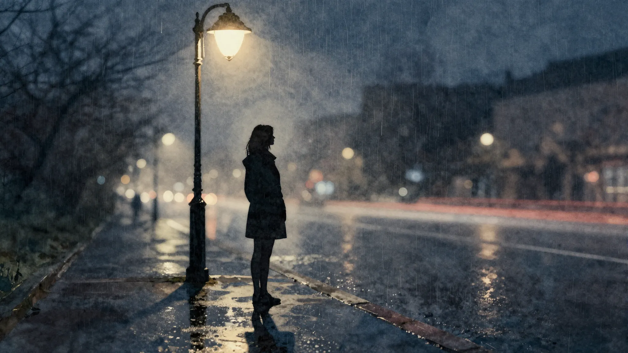 Watercolor style. A silhouette of a woman standing alone und...