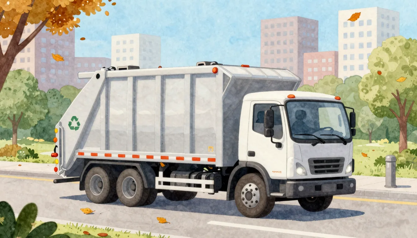 Watercolor style. A friendly cartoon garbage truck next to a...
