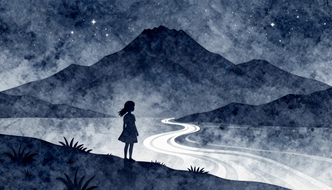 Watercolor style. A silhouette of a small girl standing befo...