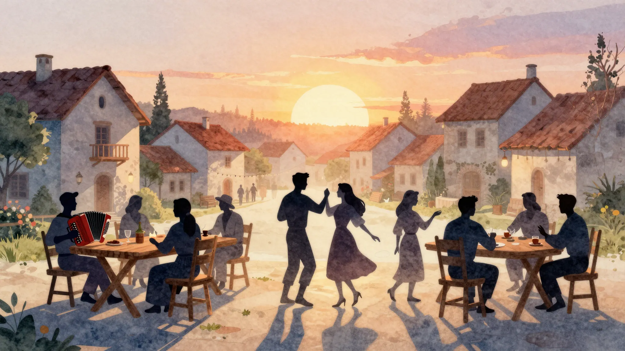 Watercolor style. Silhouette of a festive village gathering,...