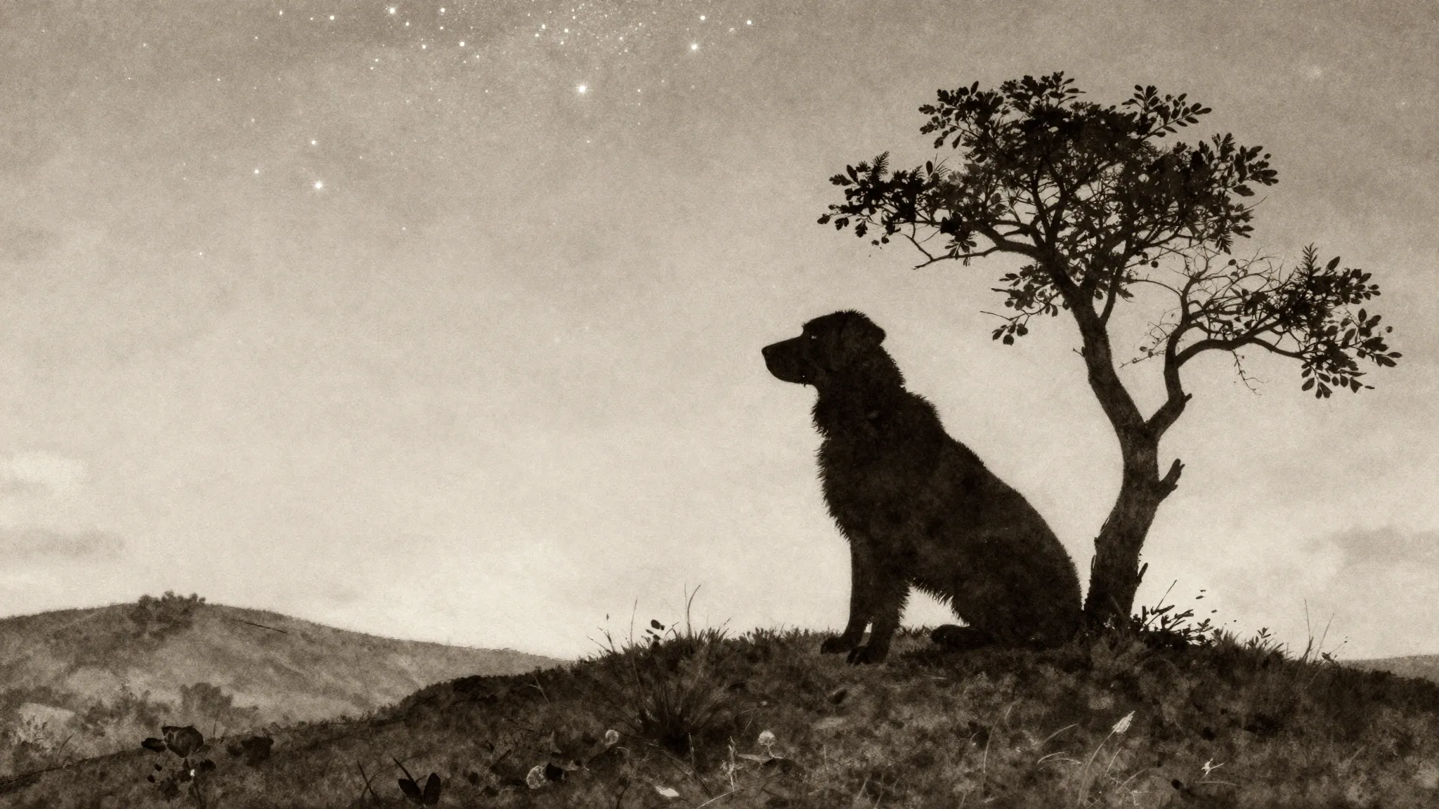 Watercolor style. Silhouette of a dog sitting on a hill unde...