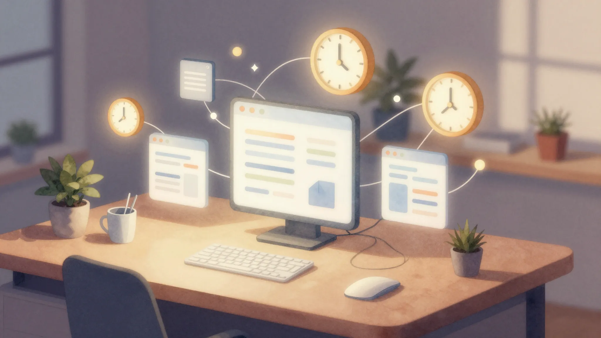 Watercolor style. Cozy digital workspace with floating 3D ta...