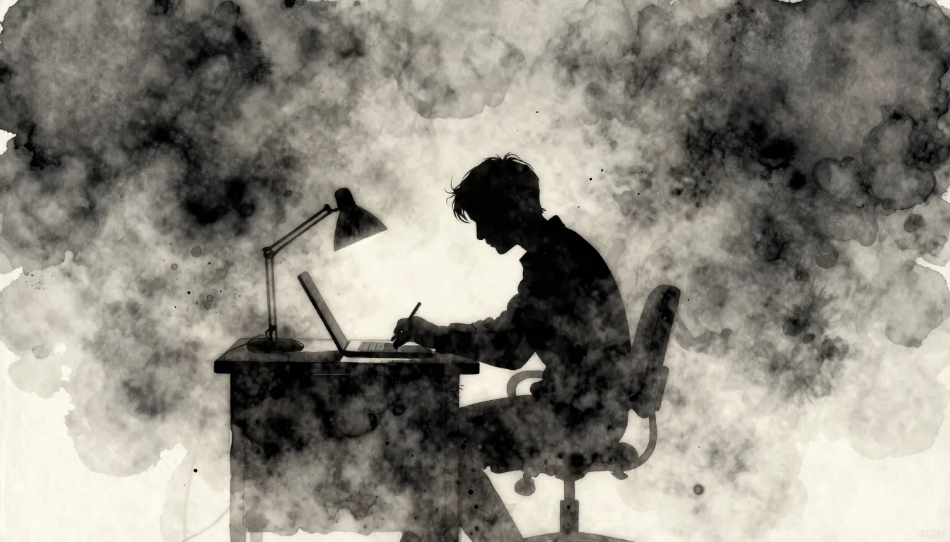 Watercolor style. Silhouette of a writer at a desk, surround...
