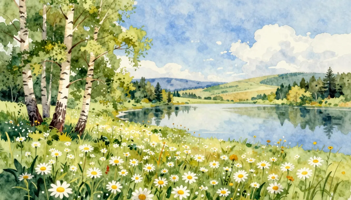 Vibrant watercolor style. Folk music album cover. Serene Rus...