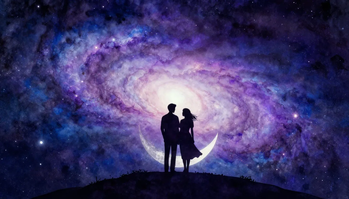 Watercolor style. Silhouette of two lovers on a small moon, ...