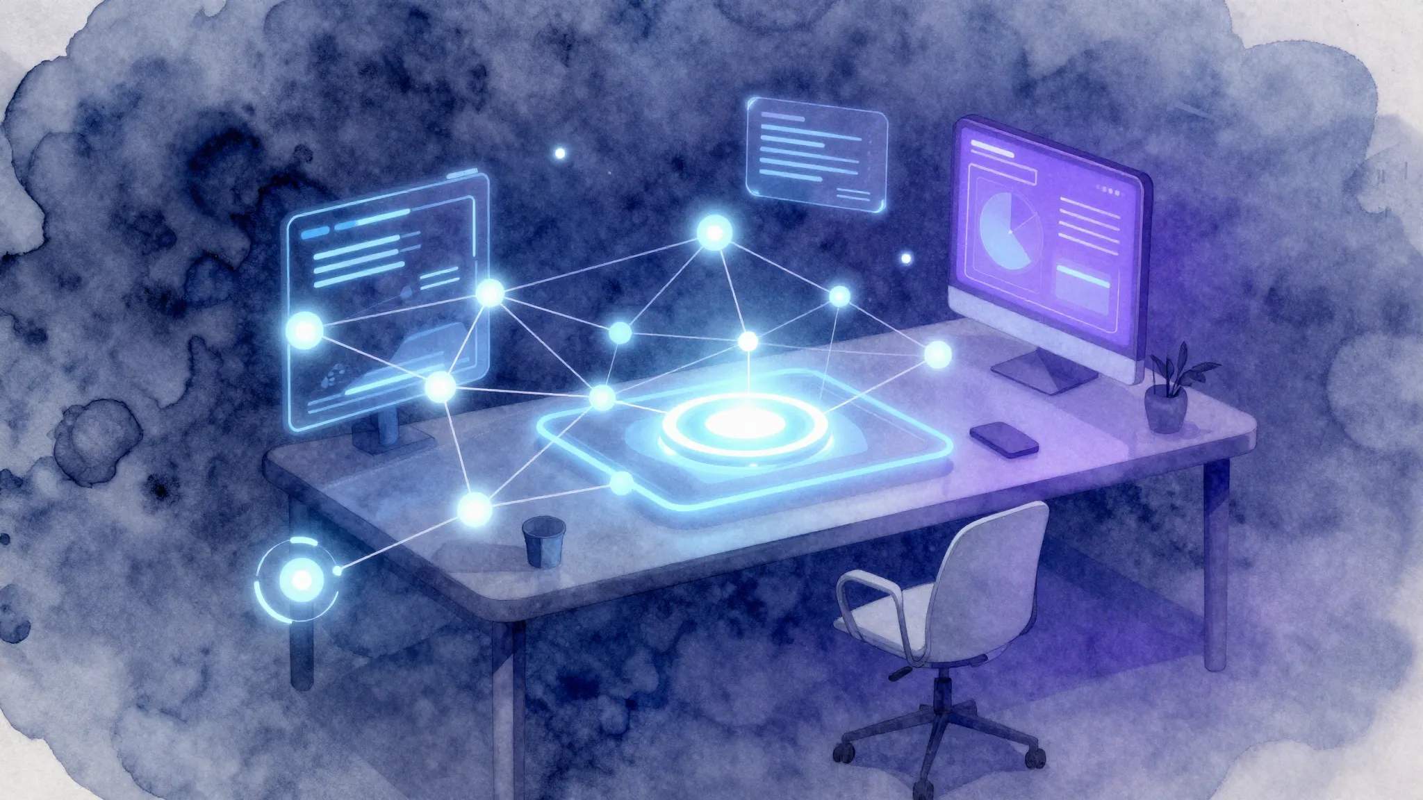 Watercolor style. Abstract digital workspace with glowing 3D...