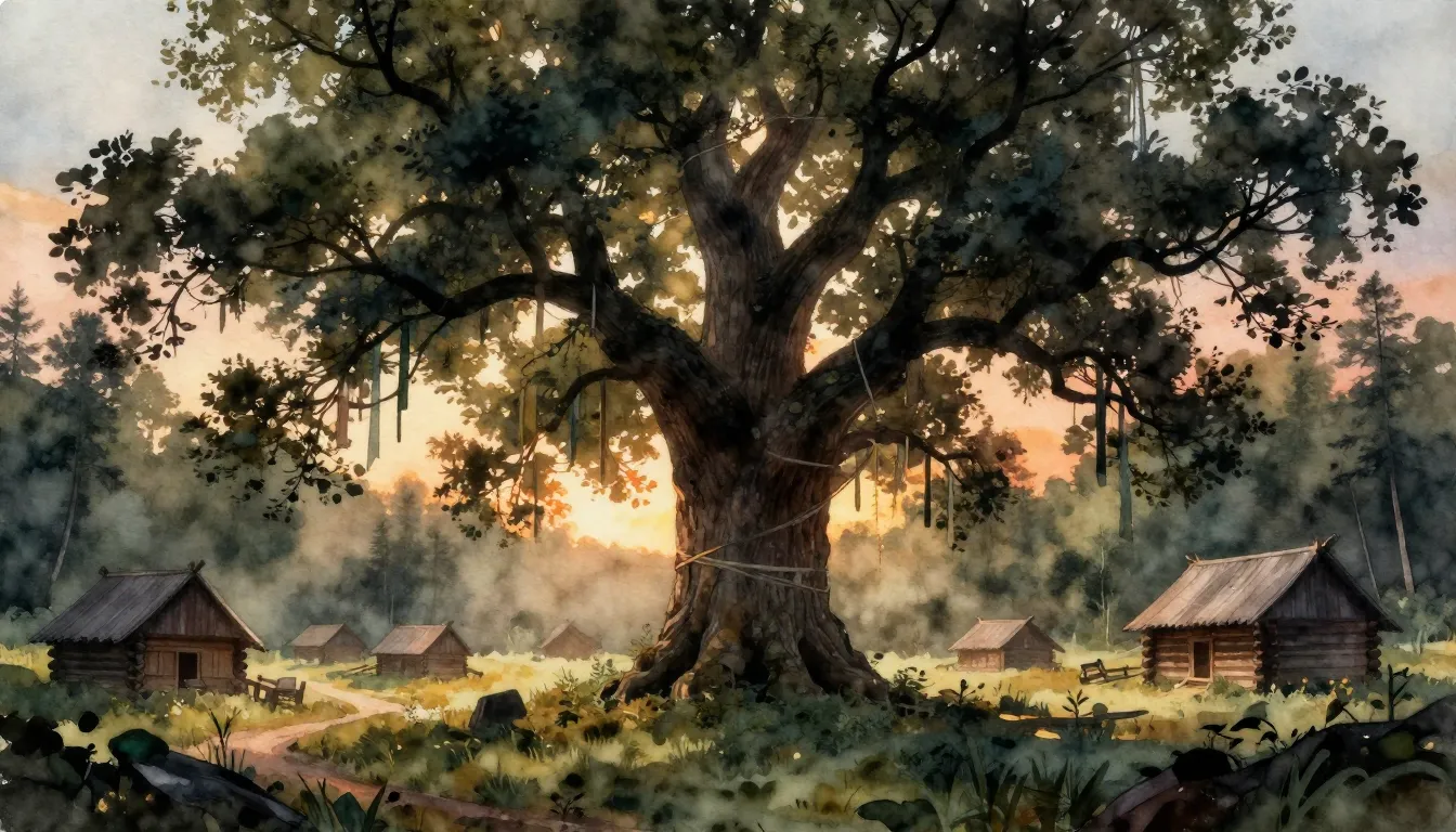 Watercolor style. Ancient wooden Slavic settlement in a dens...