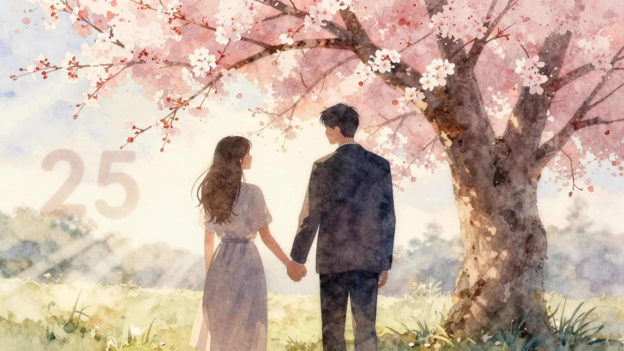 Watercolor style. Silhouette of a couple holding hands under...