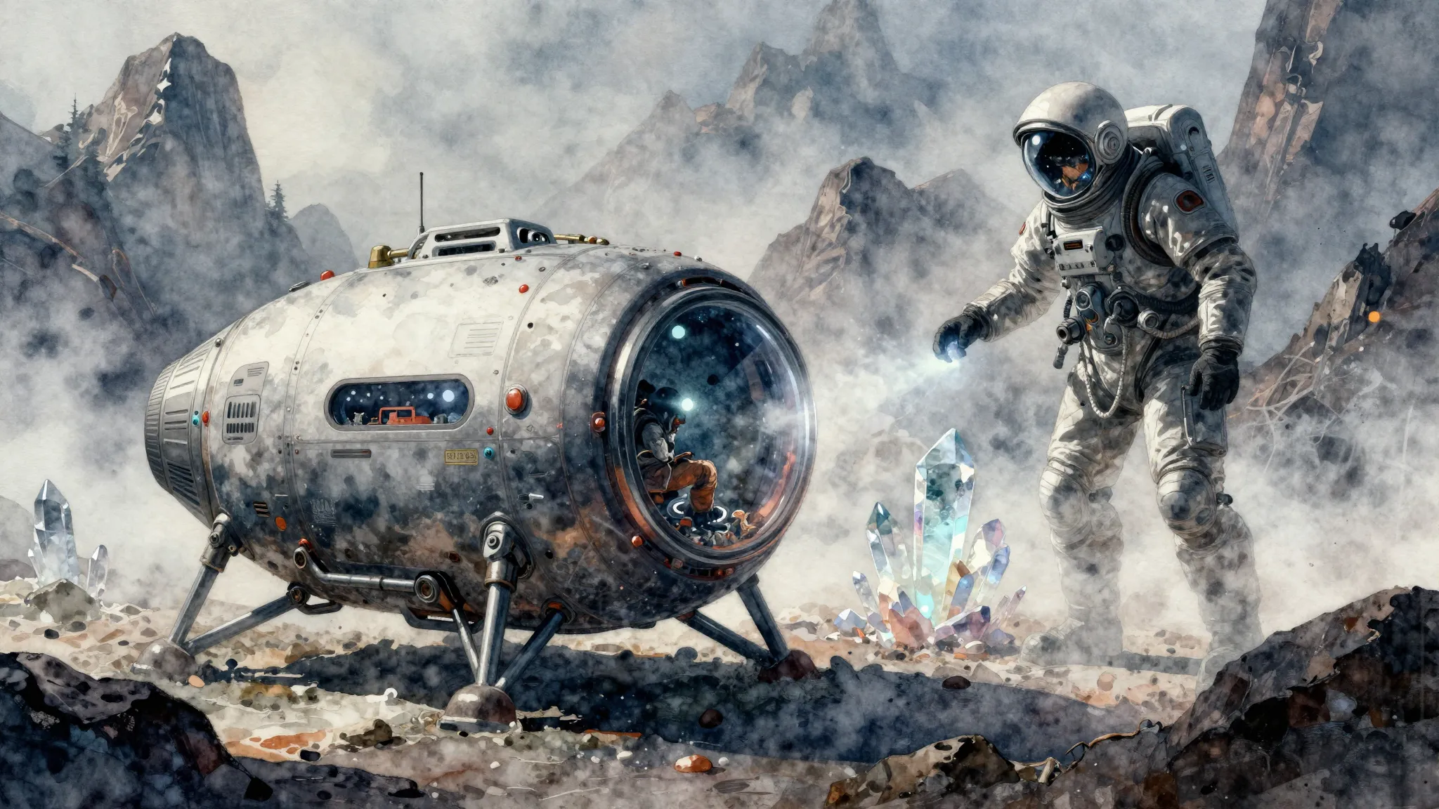 Watercolor style. A futuristic landing capsule on a rocky, f...