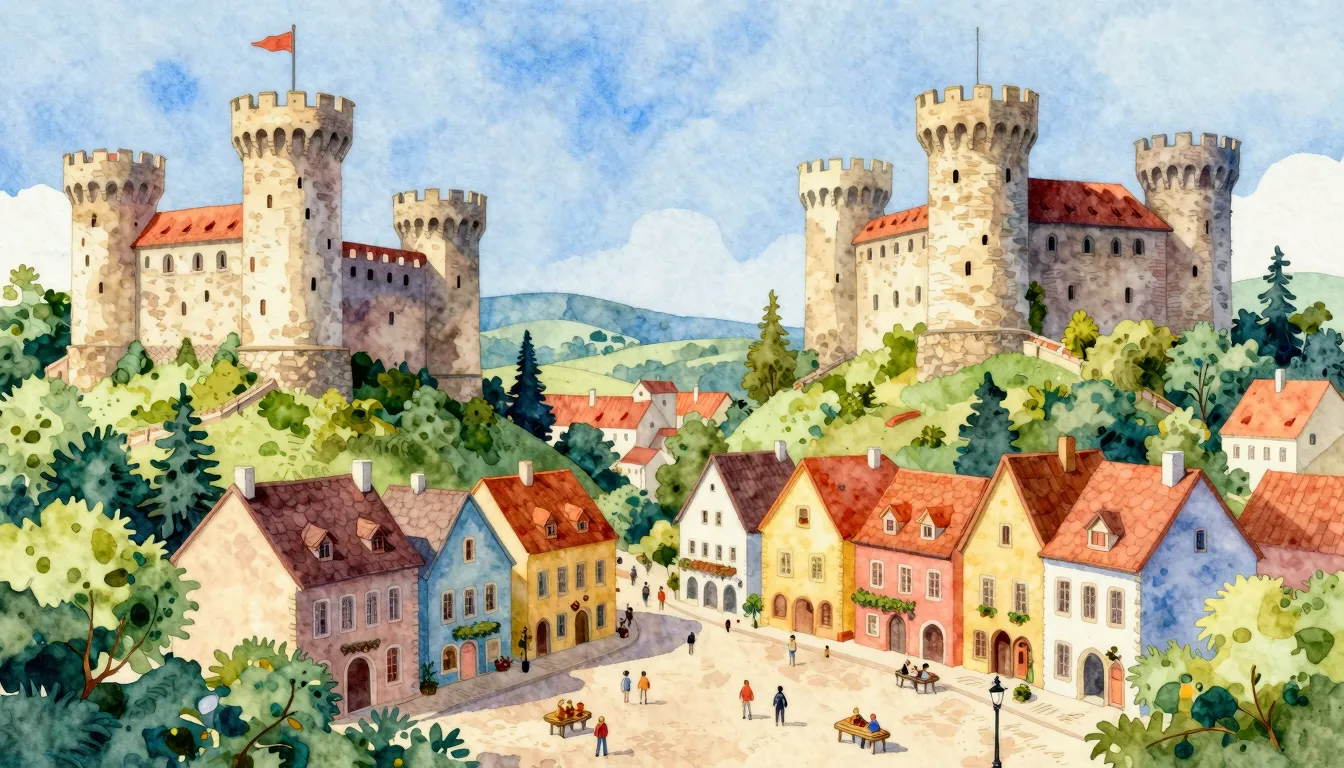 Watercolor style. A vibrant, picturesque collage of a mediev...
