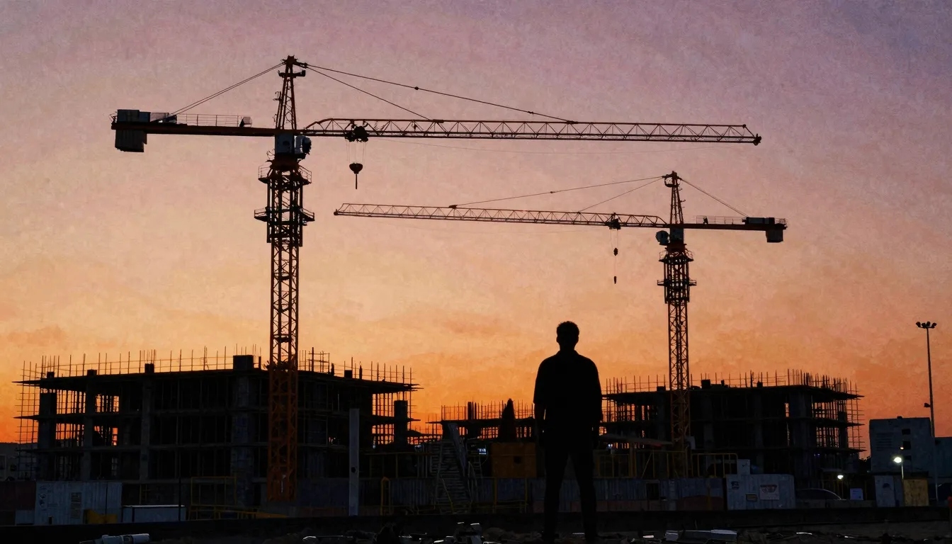 Watercolor style. A silhouette of a construction site at sun...
