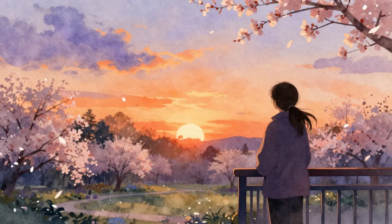 Watercolor style. A silhouette of a person standing on a bal...