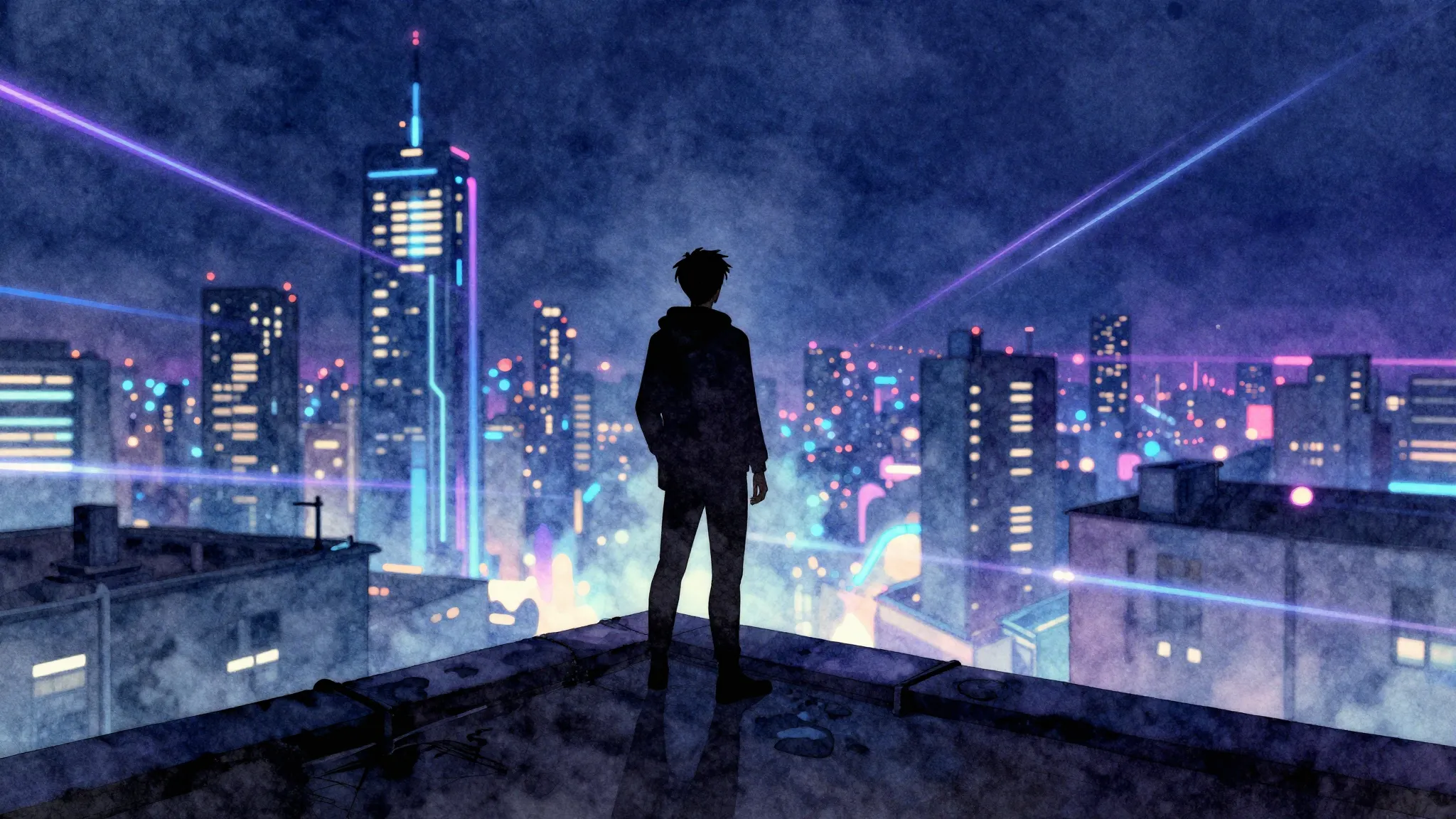 Watercolor style. A dark silhouette of a person standing on ...
