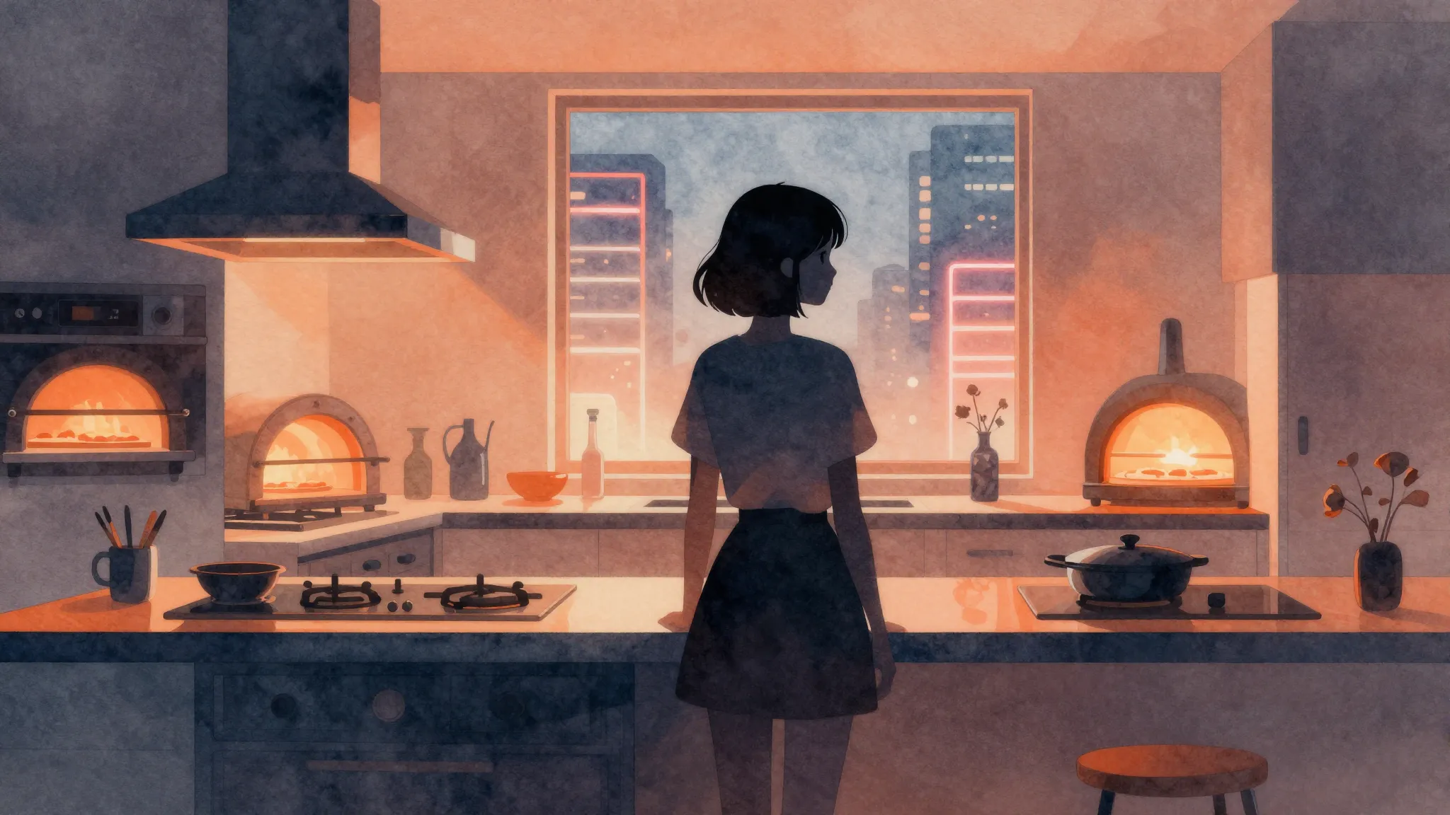 Watercolor style. Silhouette of a girl in a modern kitchen w...
