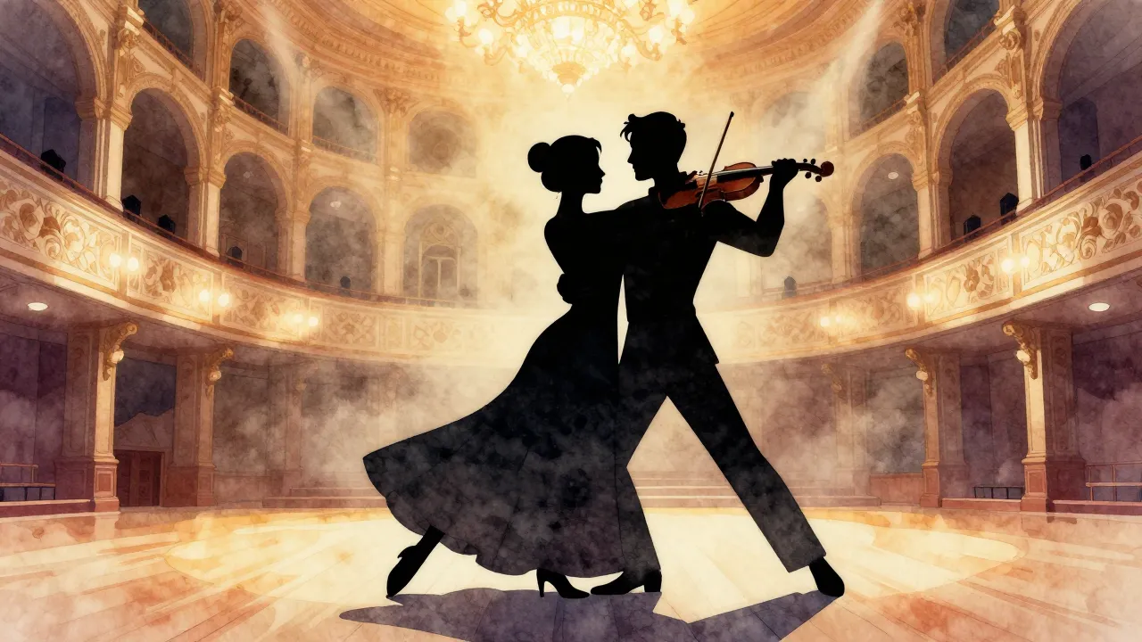 Watercolor style. 1 silhouette of a elegant dancing couple i...