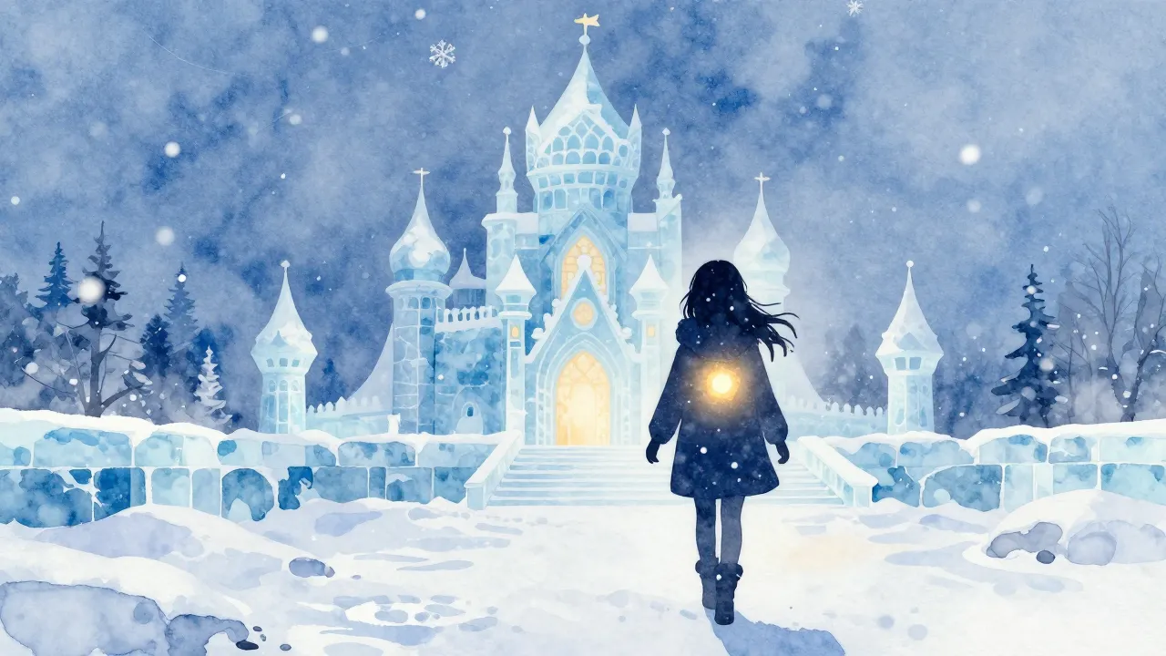 Watercolor style. A silhouette of a girl walking through a b...