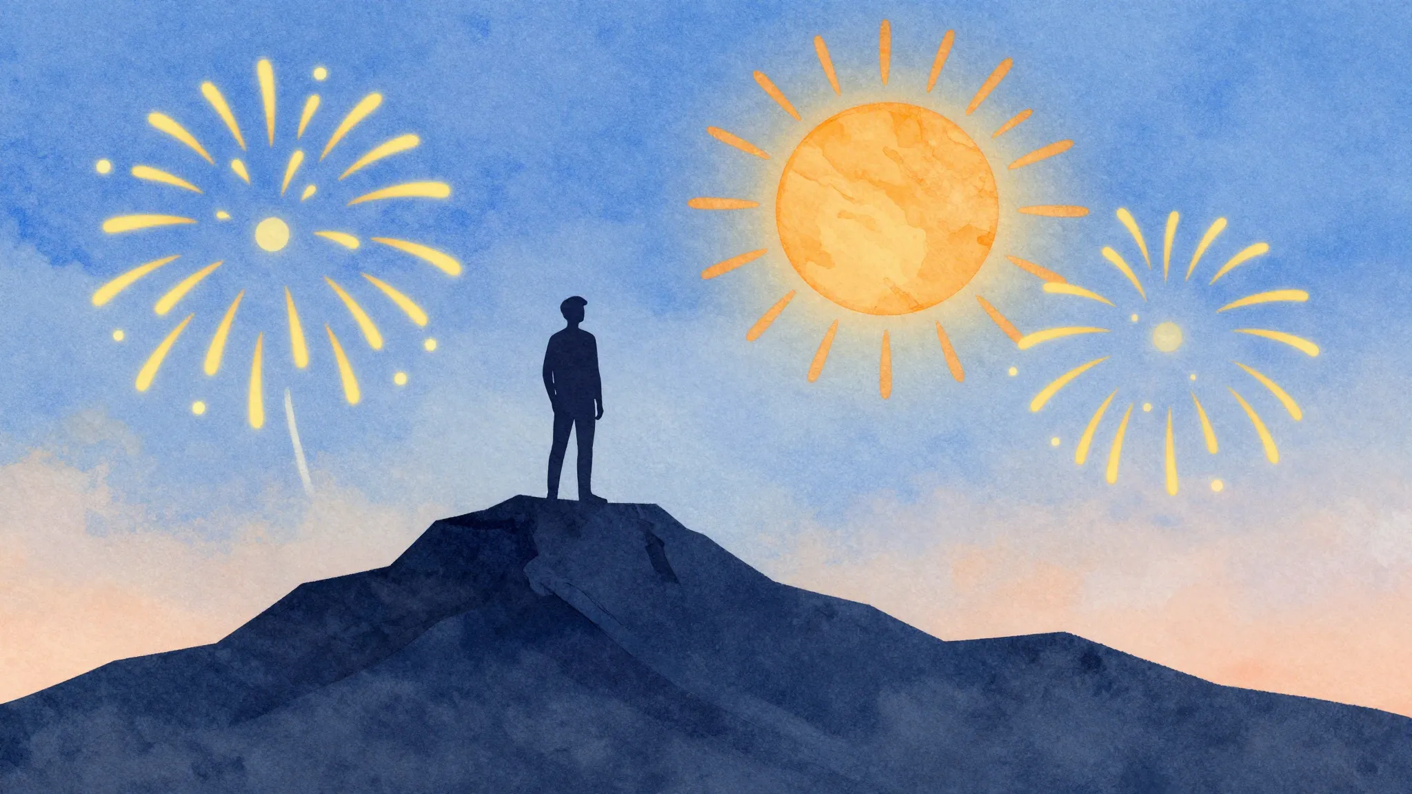 Watercolor style. A stylized silhouette of a person standing...