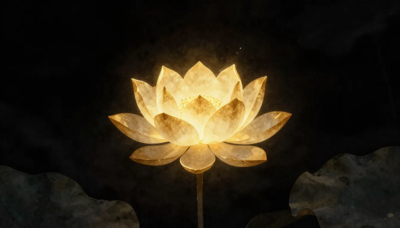 Watercolor style. Minimalist glowing golden lotus flower flo...