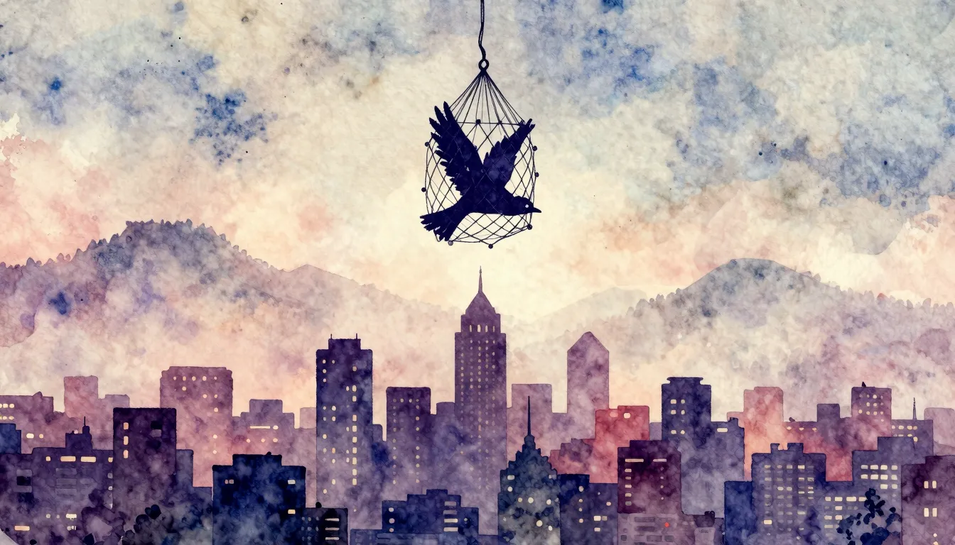 Vibrant watercolor style. Indie album cover: trapped bird si...