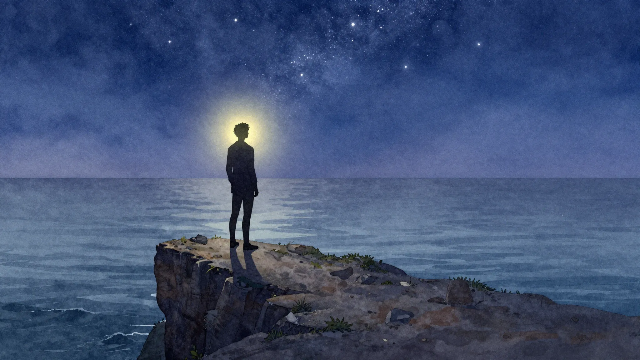 Watercolor style. A lone silhouette standing on a high cliff...